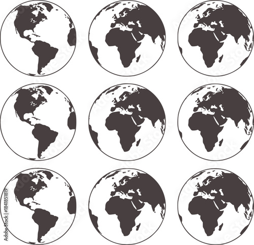 Nine black and white globe with varying America and Africa visibility
