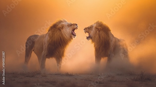 Two majestic lions lock in a fierce face-off amidst a dusty landscape. The dramatic light and intense expressions capture the power and raw emotion of these apex predators.