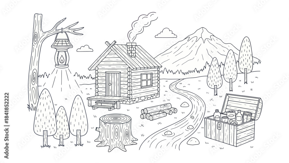 Obraz premium Cabin in nature landscape illustration adventure hiking concept