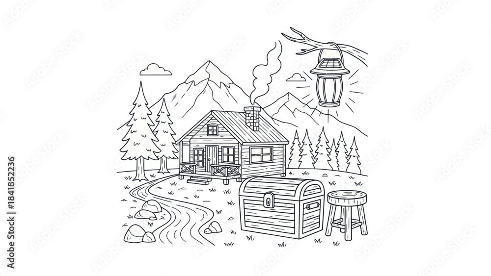 Fototapeta premium Cabin in the mountains illustration with path lantern and treasure chest