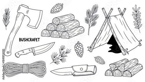 Bushcraft illustration axe knife tent logs and nature elements