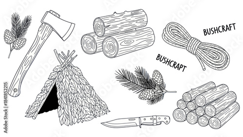 Bushcraft illustration axe logs rope tent knife pine nature elements