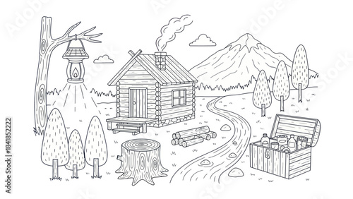 Cabin in nature landscape illustration adventure hiking concept