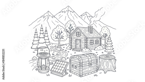 Cabin in the mountains illustration peaceful scene with nature elements