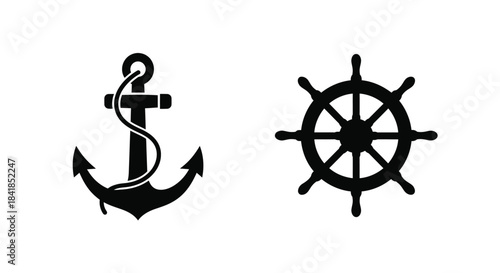 Simple black and white illustration of a ship s anchor and wheel