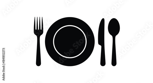 Simple black and white illustration of a plate fork knife and spoon