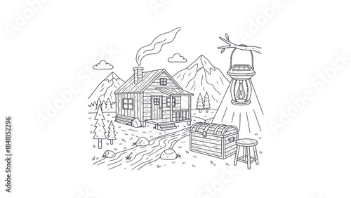 Cabin in the mountains with lantern and treasure chest vector illustration