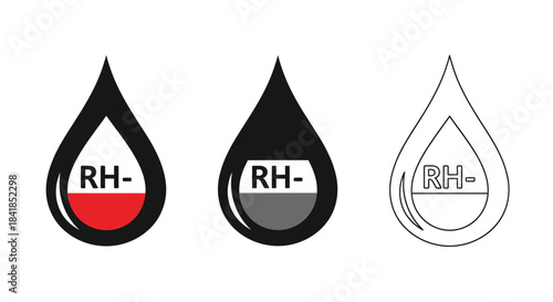 Three rh negative blood drop icons in varying styles and detail
