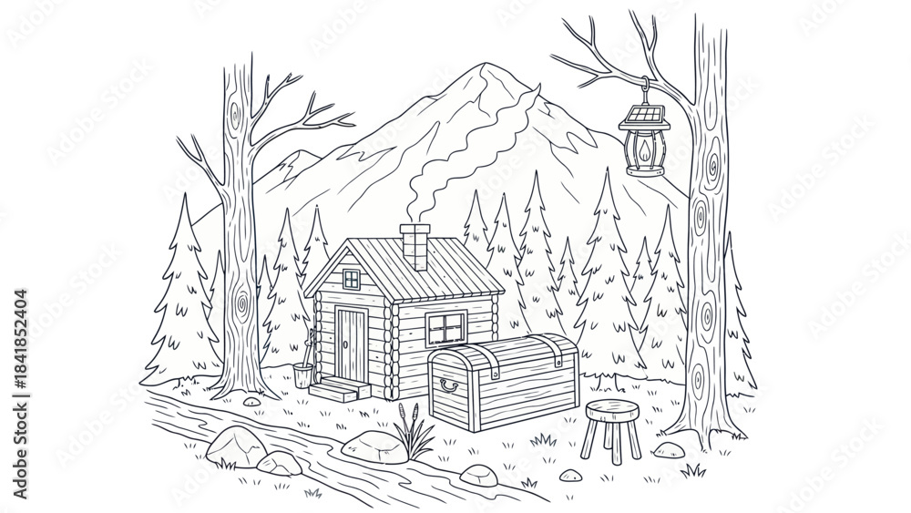 Fototapeta premium Cabin in the woods illustration serene forest landscape with mountain view