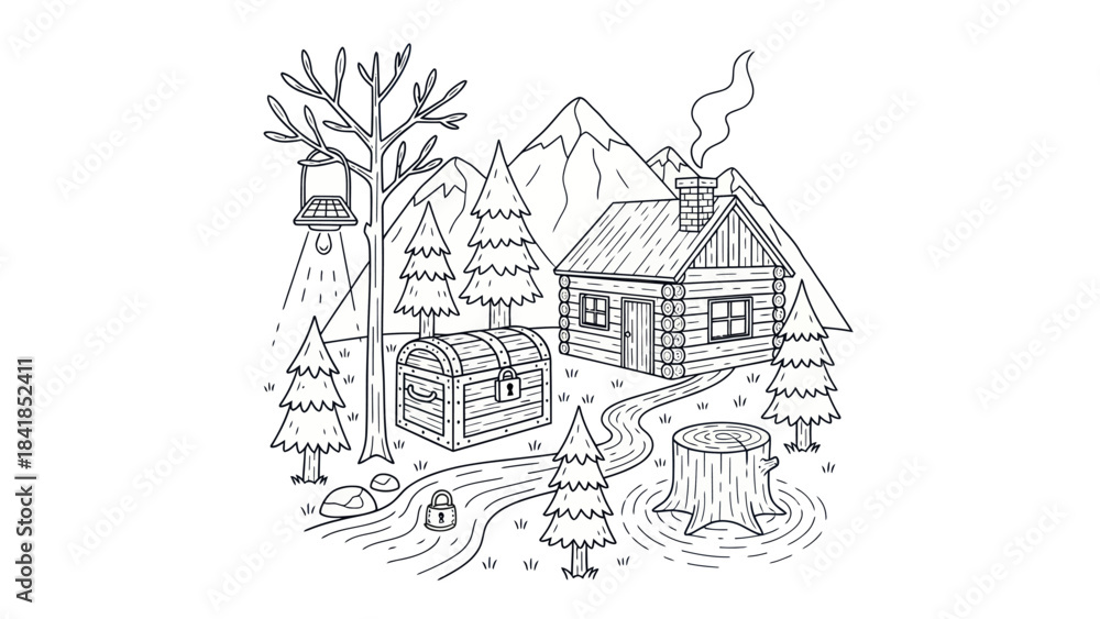 Obraz premium Cabin in the woods illustration trees chest mountains and landscape