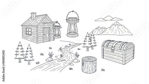 Cabin landscape illustration with lantern stream mountains and treasure chest