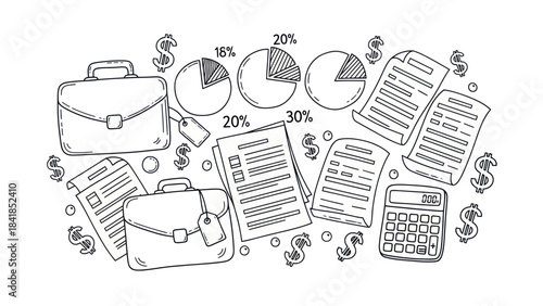 Business and finance icons and symbols in black and white design