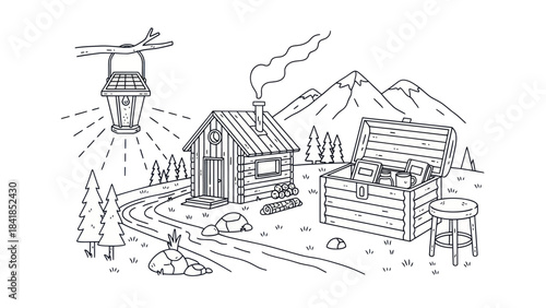 Cabin scene illustration cozy wooden home with mountains and treasure chest