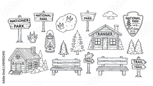 Cabin park elements in outlined style vector illustrations for design