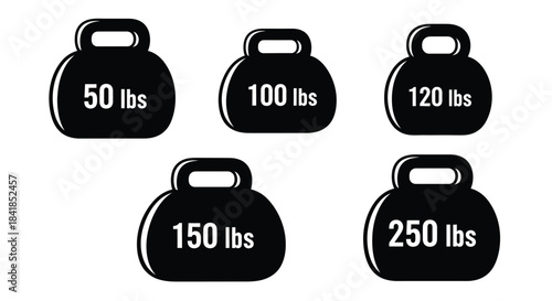 Black kettlebells with weight labels ranging from fifty to two hundred fifty pounds