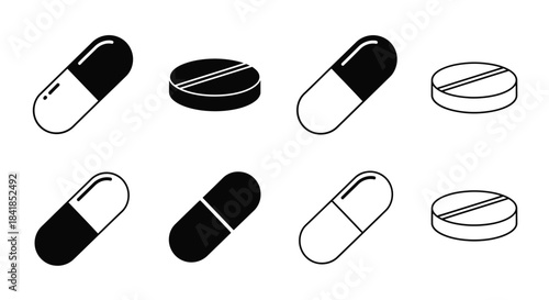 Black and white illustration displaying various pill and tablet shapes