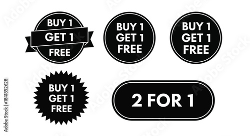 Black and white promotional badges displaying buy one get one free offers