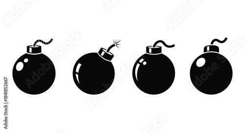 Four stylized black bomb illustrations showing stages of detonation sequence