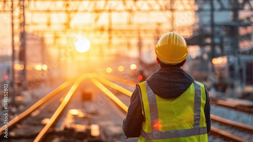Engineer in yellow safety gear standing on train tracks looking into the sunset