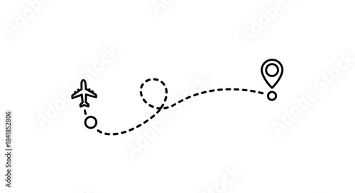 Airplane flight path with destination marker showing travel and location