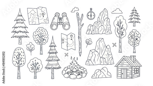 Camping adventure elements hand drawn illustrations of nature and exploration