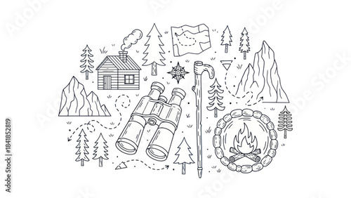 Camping adventure illustration cabin binoculars map mountains and forest