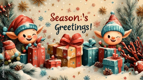 Christmas Greeting Card with Santa's elfs and Copy/Text. Merry Christmas and Happy New Year greeting card with cute elf and gifts. Christmas Greeting Card. Merry Christmas and Happy New Year 