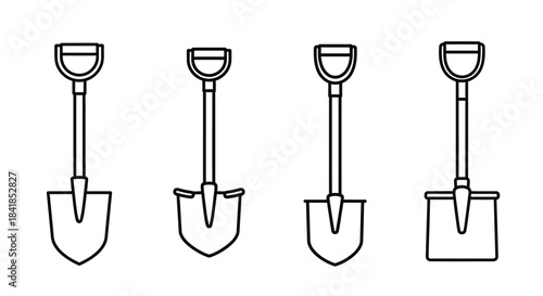 Simple outline illustration of four different gardening hand shovels