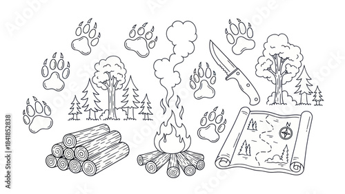 Camping adventure illustration campfire map knife footprints trees logs