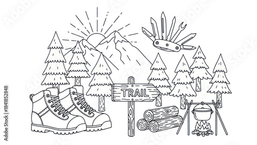 Camping adventure illustration featuring boots knife trees sign and fire