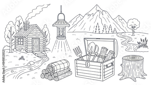 Cabin scene with tools and nature elements vector illustration