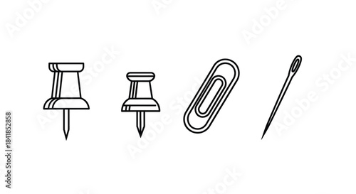Simple black and white illustration of office supplies and sewing items