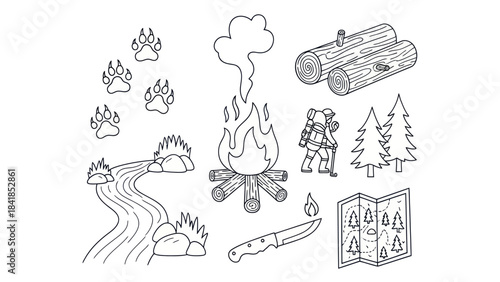 Camping adventure illustration featuring campfire trees map and paw prints