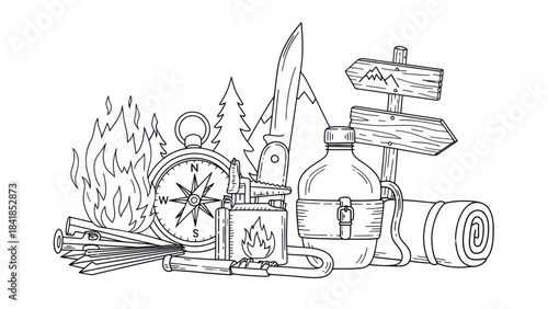 Camping adventure illustration featuring compass knife and campfire elements