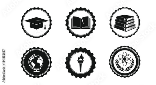 Education themed icons depicting graduation knowledge and global learning concepts