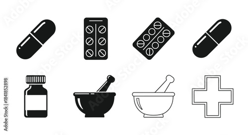 Black and white icons displaying medication pills and medical tools