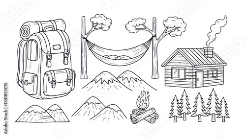 Camping adventure set vector illustration exploring nature outdoor recreation