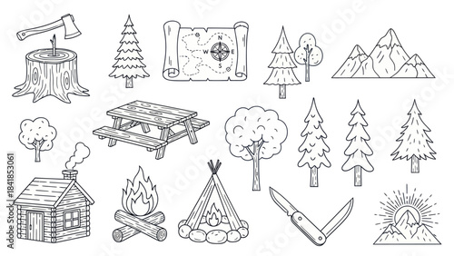 Camping and adventure elements illustrated in outlined vector style