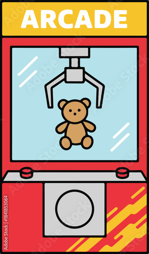 Retro arcade claw machine illustration featuring a cute brown teddy bear, perfect for gaming, nostalgia, and prize concepts.