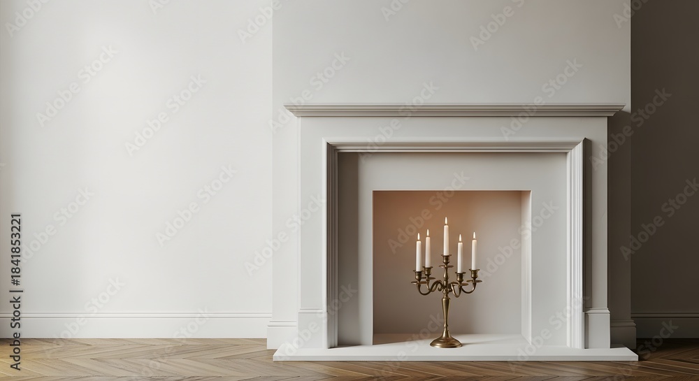 Obraz premium Elegant white fireplace with a lit brass candelabra standing in a minimalist empty room, perfect for a cozy home decor concept
