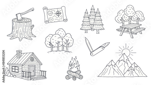 Camping and adventure icons axe map trees cabin fire and mountains