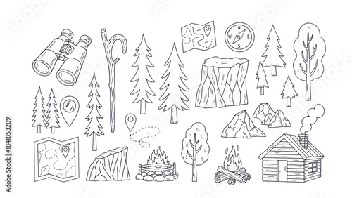 Camping and hiking elements illustration black and white vector set