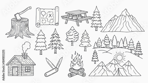 Camping and adventure icons illustrated outdoor elements set