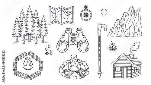 Camping and hiking elements illustration black and white vector set