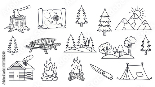 Camping and adventure icons illustrated set of outdoor elements