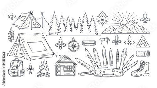 Camping and hiking elements vector illustrations for outdoor adventure