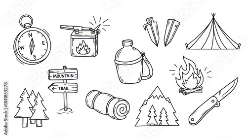 Camping and hiking equipment collection illustrated in black and white