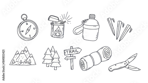 Camping and hiking equipment outline illustration for outdoors theme