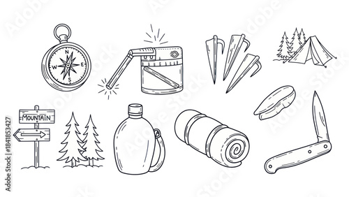 Camping and hiking equipment illustration set in hand drawn style