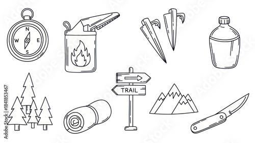 Camping and hiking equipment outlined vector illustration for outdoor recreation